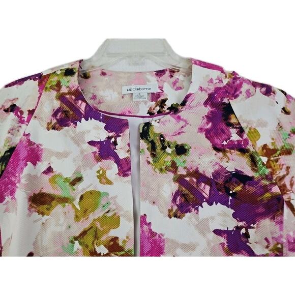 Liz Claiborne ~Woman Size L~ Burgundy/Pink Floral Lond Open Front Blazer Lined. - Picture 16 of 16